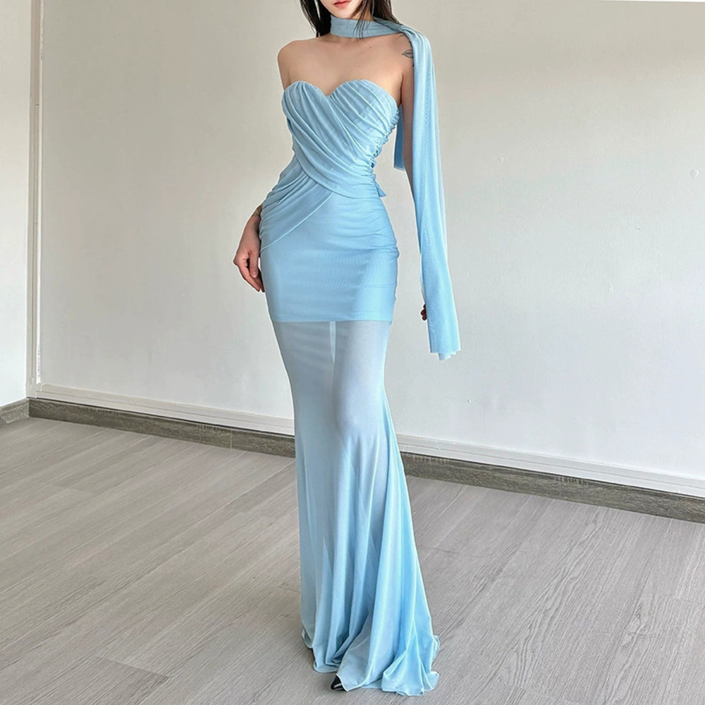 ZARA French Style Summer Pleated Wrap Flowy Strapless Mermaid Dress